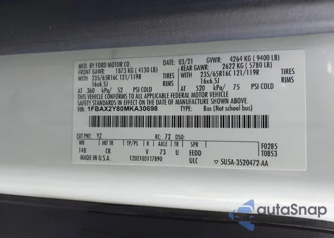 2021 Ford Transit-350 Passenger Van Xlt from USA, damaged, VIN 1FBAX2Y80MKA30698